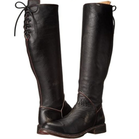 BED|STÜ Manchester Distressed Black Leather Knee-High Boots Red Stitching/Soles - Picture 16 of 16